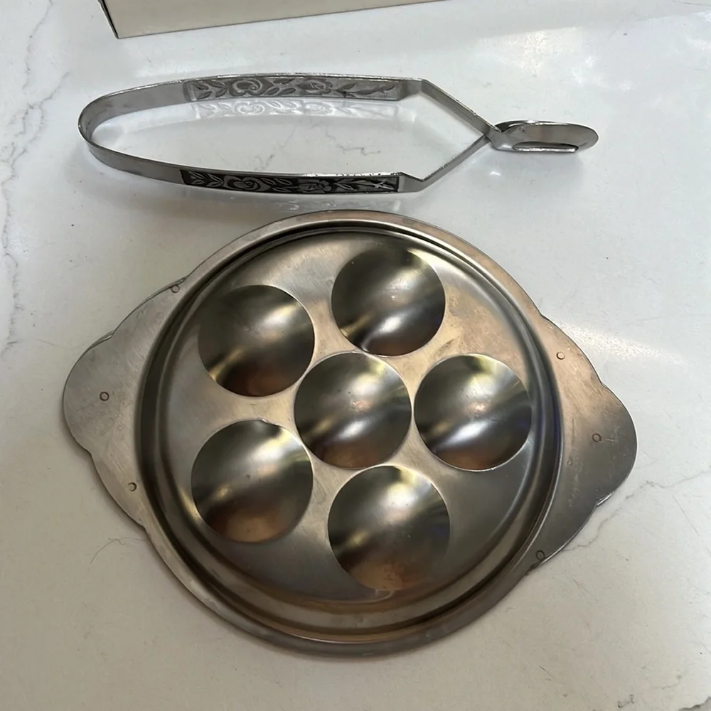 Vintage Escargot Serving Set Stainless Steel Plate & Tongs - Vintage in Box